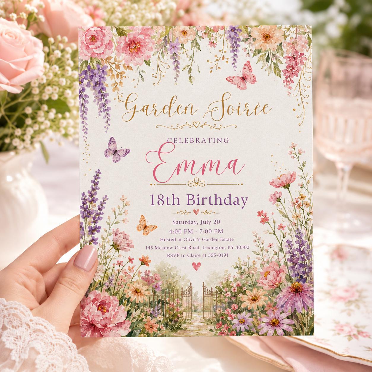 Garden Soiree Birthday Invitation, Editable Floral Garden Party Invite, Girl 18th Birthday Pastel Template Garden Soiree Invitation Template __etsy:8129700946