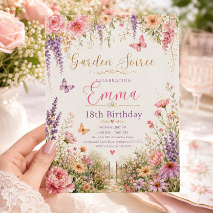 Garden Soiree Birthday Invitation, Editable Floral Garden Party Invite, Girl 18th Birthday Pastel Template Garden Soiree Invitation Template __etsy:8129700946