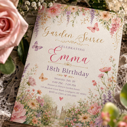Garden Soiree Birthday Invitation, Editable Floral Garden Party Invite, Girl 18th Birthday Pastel Template Garden Soiree Invitation Template __etsy:8177597995