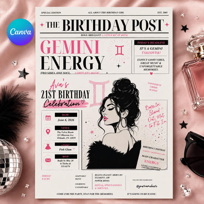 Gemini Birthday Invitation, Editable Newspaper Theme Party Invite, 21st Birthday Zodiac Magazine Template, Printable Digital Download __etsy:8129701296