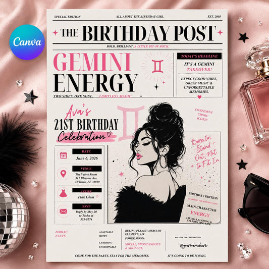 Gemini Birthday Invitation, Editable Newspaper Theme Party Invite, 21st Birthday Zodiac Magazine Template, Printable Digital Download __etsy:8129701296