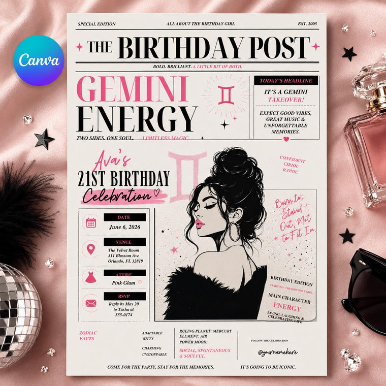 Celestial Editorial Gemini 21st Birthday Invitation