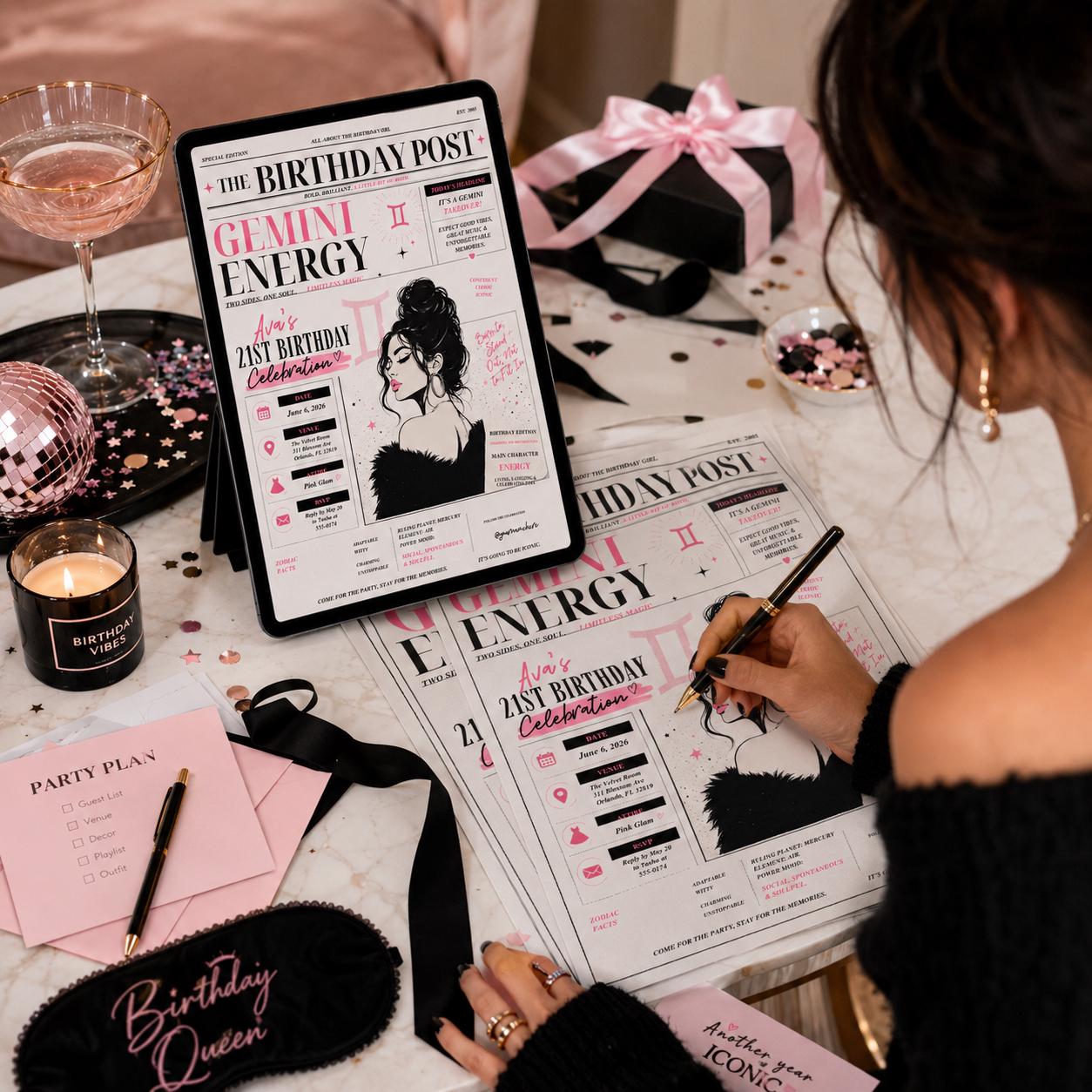 Gemini Birthday Invitation, Editable Newspaper Theme Party Invite, 21st Birthday Zodiac Magazine Template, Printable Digital Download __etsy:8129701238