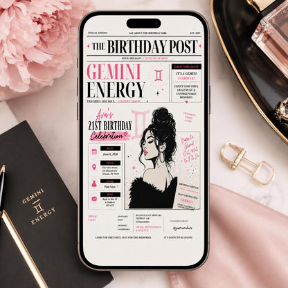 Gemini Birthday Invitation, Editable Newspaper Theme Party Invite, 21st Birthday Zodiac Magazine Template, Printable Digital Download __etsy:8177598369