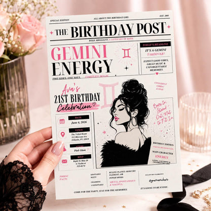Gemini Birthday Invitation, Editable Newspaper Theme Party Invite, 21st Birthday Zodiac Magazine Template, Printable Digital Download __etsy:8129701314