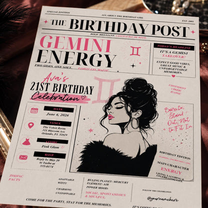 Gemini Birthday Invitation, Editable Newspaper Theme Party Invite, 21st Birthday Zodiac Magazine Template, Printable Digital Download __etsy:8177598379