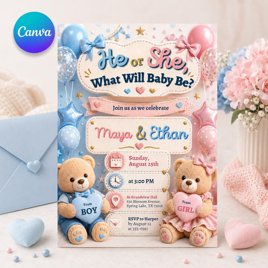 Gender Reveal Invitation Template, He or She, Bear Theme, Vintage He or She Baby Reveal Invite, Boy or Girl Party Invitation, Canva Template __etsy:8120361613