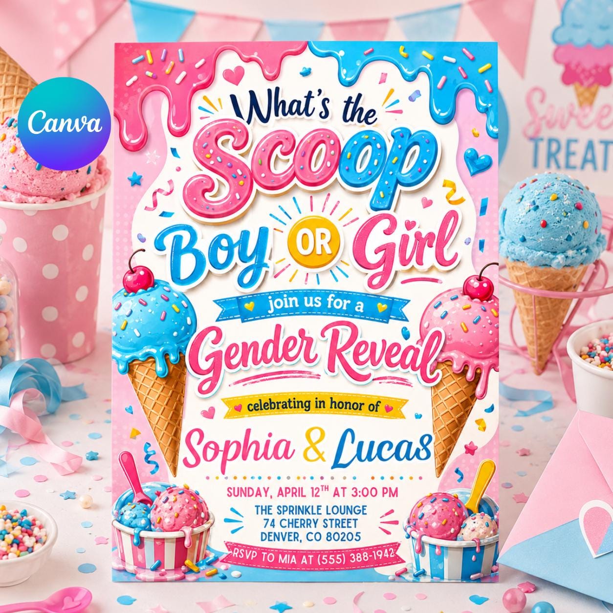 Gender Reveal Invitation Template, Ice Cream Scoop Theme, Ice Cream Gender Reveal Invite, What's The Scoop Party, Baby Boy Or Girl He Or She __etsy:8028937158