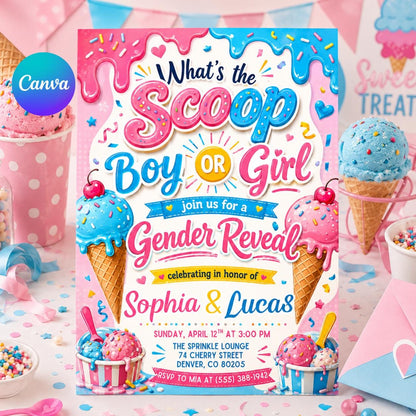 Gender Reveal Invitation Template, Ice Cream Scoop Theme, Ice Cream Gender Reveal Invite, What's The Scoop Party, Baby Boy Or Girl He Or She __etsy:8028937158