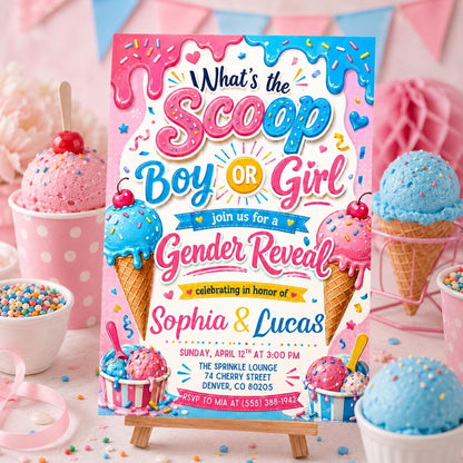 Gender Reveal Invitation Template, Ice Cream Scoop Theme, Ice Cream Gender Reveal Invite, What's The Scoop Party, Baby Boy Or Girl He Or She __etsy:8028936188