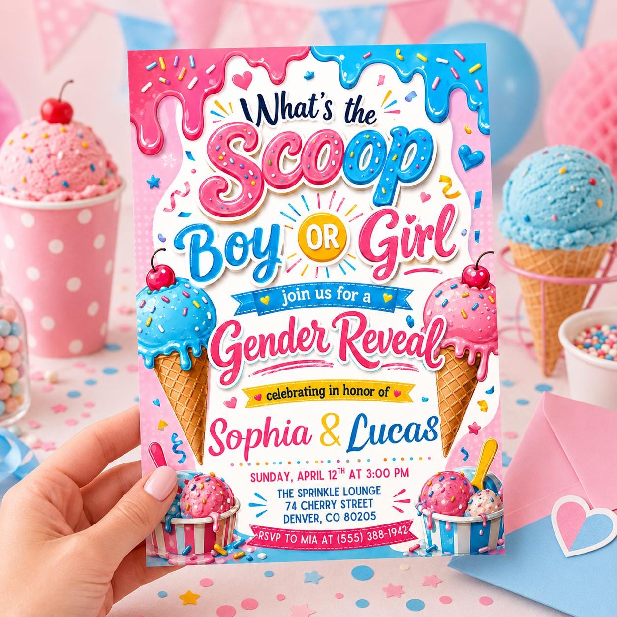 Gender Reveal Invitation Template, Ice Cream Scoop Theme, Ice Cream Gender Reveal Invite, What's The Scoop Party, Baby Boy Or Girl He Or She __etsy:8076848545