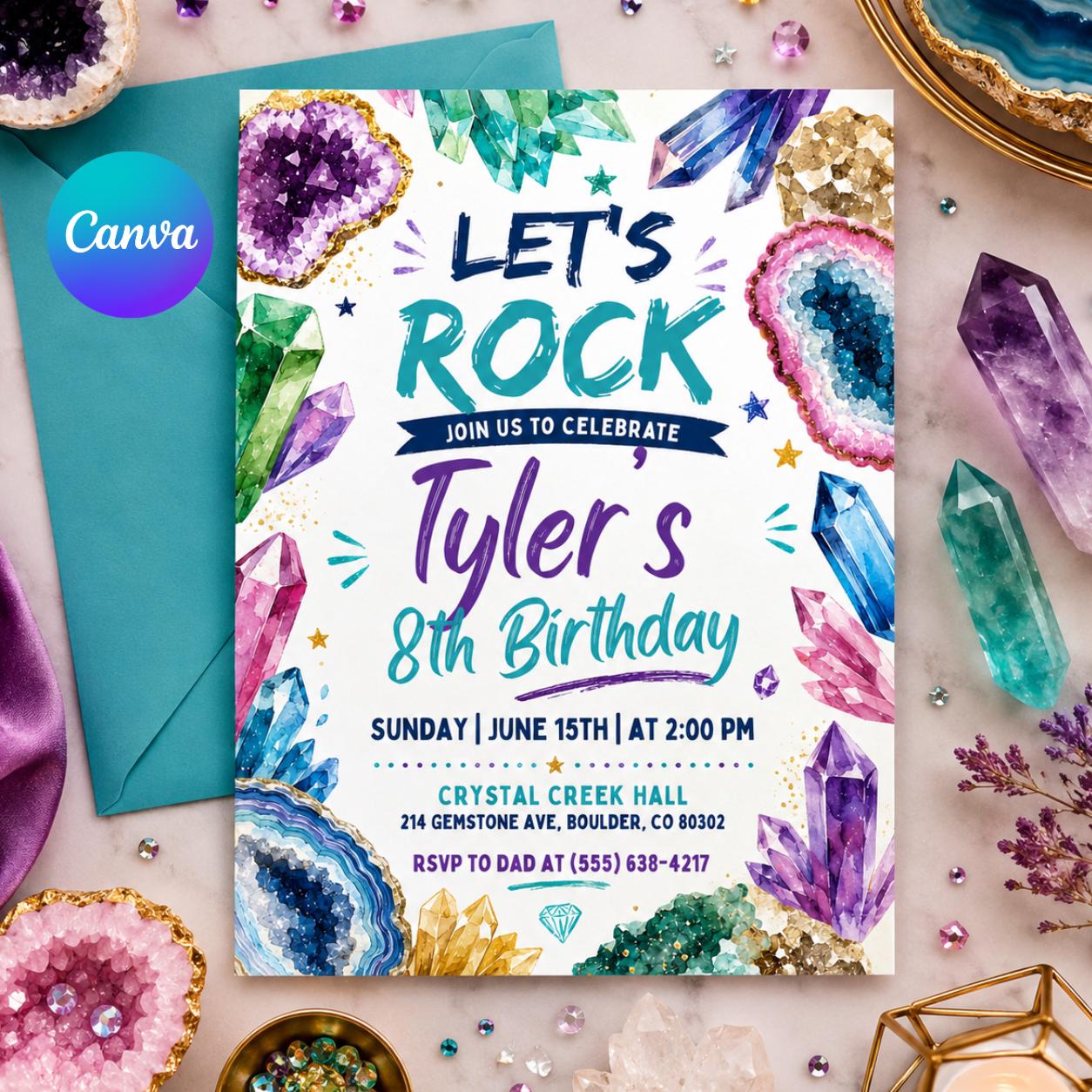 Geode Birthday Invitation, Crystal Invitation, Gemstone Birthday, Geode Crystals Birthday Invitation, Lets Rock Birthday, She's a Gem Invite __etsy:8075092987