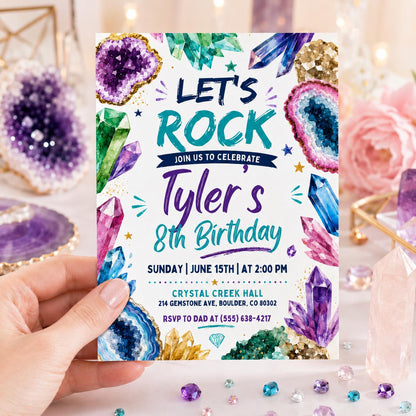 Geode Birthday Invitation, Crystal Invitation, Gemstone Birthday, Geode Crystals Birthday Invitation, Lets Rock Birthday, She's a Gem Invite __etsy:8027176652