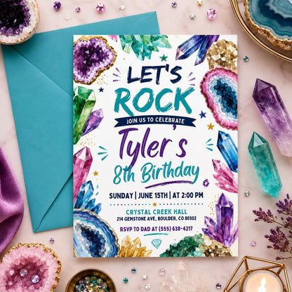 Geode Birthday Invitation, Crystal Invitation, Gemstone Birthday, Geode Crystals Birthday Invitation, Lets Rock Birthday, She's a Gem Invite __etsy:8075091335