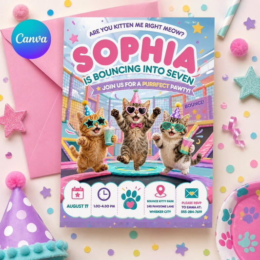 Girl Jump Kittens Birthday Invitation, Personalized Cats Trampoline Park Invite, Editable Cat Birthday Invitation Bouncing Into Seven, Canva __etsy:7995631642