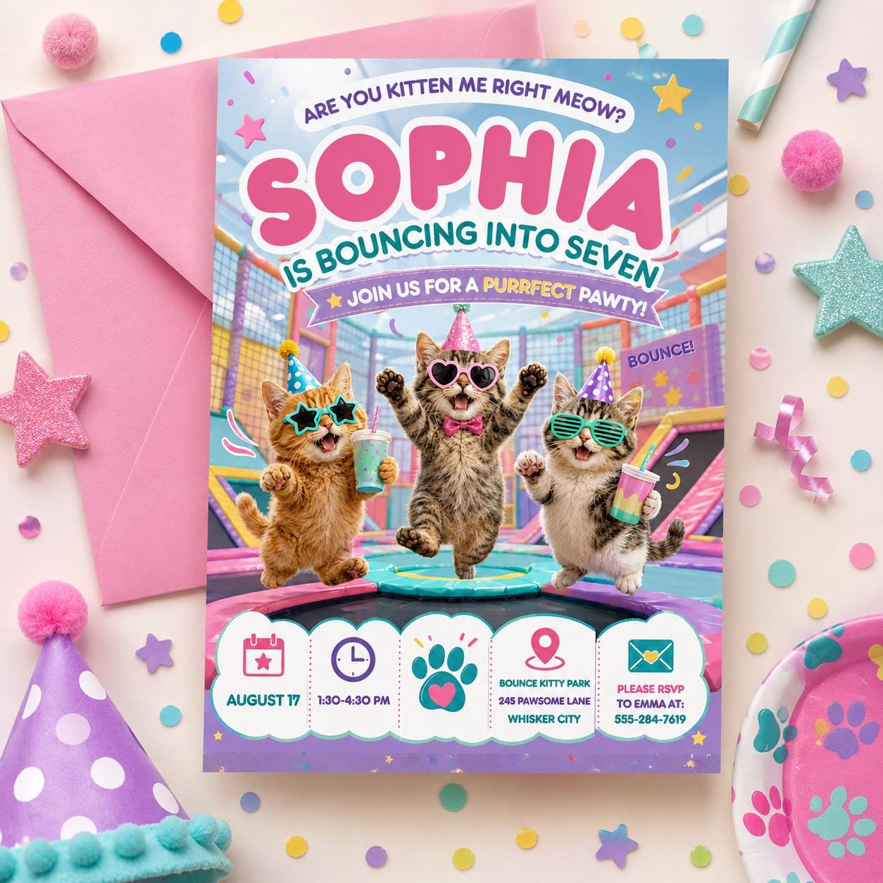 Girl Jump Kittens Birthday Invitation, Personalized Cats Trampoline Park Invite, Editable Cat Birthday Invitation Bouncing Into Seven, Canva __etsy:7995632104
