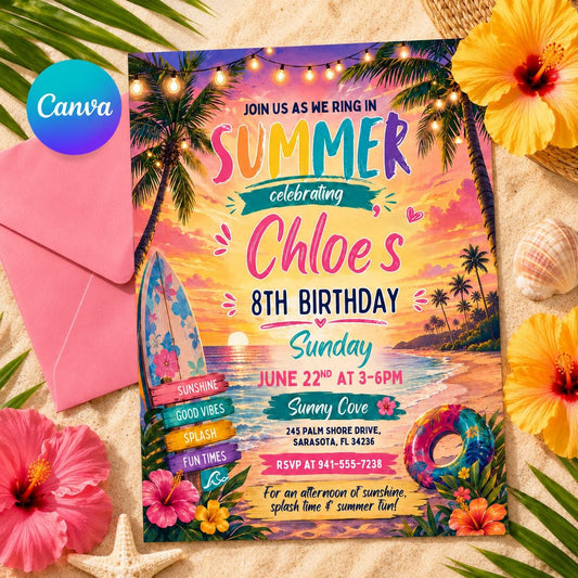 Girl Summer Birthday Invitation, Fun in the Sun Beach Birthday Invitation, Summer Invitation, Beach Theme Kids Party Invites, Editable Canva __etsy:8084597407