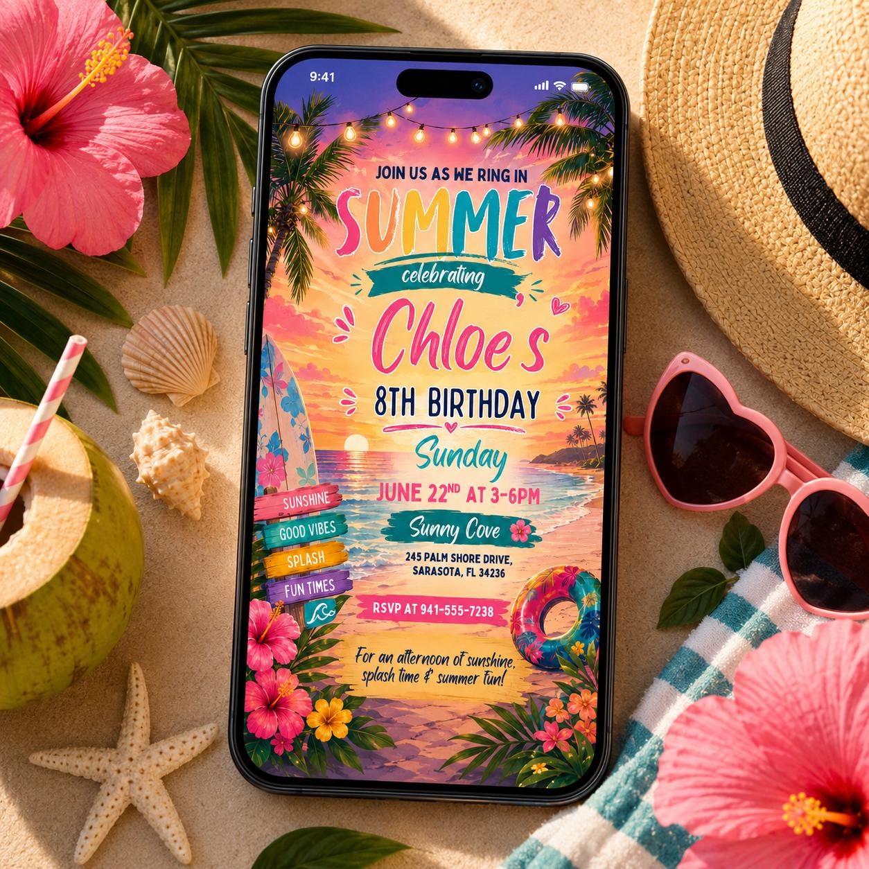 Girl Summer Birthday Invitation, Fun in the Sun Beach Birthday Invitation, Summer Invitation, Beach Theme Kids Party Invites, Editable Canva __etsy:8036677952