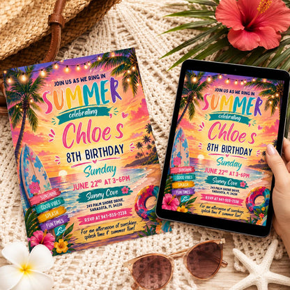 Girl Summer Birthday Invitation, Fun in the Sun Beach Birthday Invitation, Summer Invitation, Beach Theme Kids Party Invites, Editable Canva __etsy:8084593841