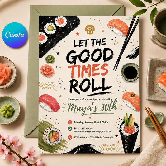Girl Sushi Birthday Invitation, Pink Sushi Invitation, Sushi Invitation, Sushi Invite, Sushi Party Invitation, Sushi Let the Good Times Roll __etsy:8103807301