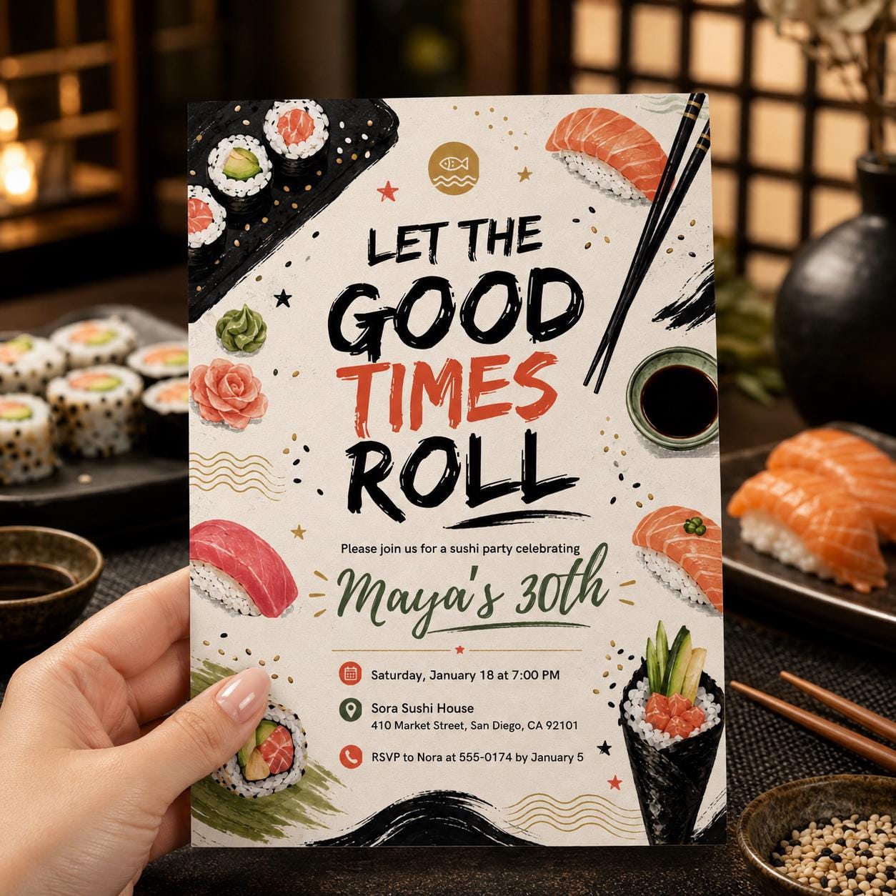 Girl Sushi Birthday Invitation, Pink Sushi Invitation, Sushi Invitation, Sushi Invite, Sushi Party Invitation, Sushi Let the Good Times Roll __etsy:8055895380