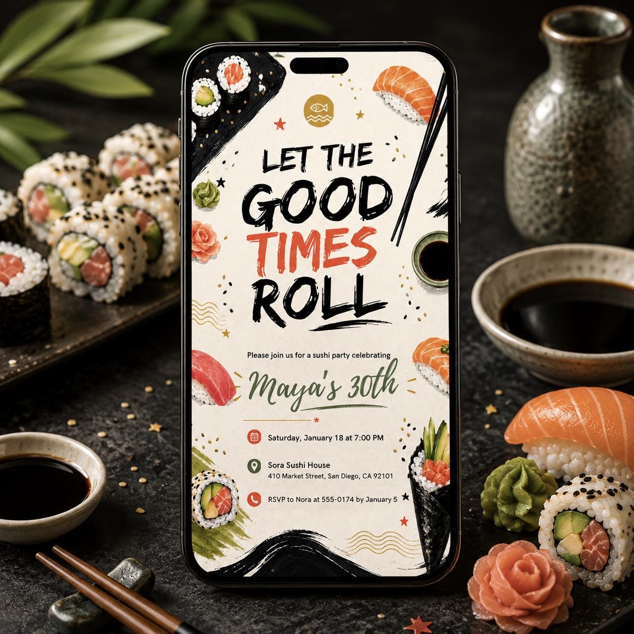 Girl Sushi Birthday Invitation, Pink Sushi Invitation, Sushi Invitation, Sushi Invite, Sushi Party Invitation, Sushi Let the Good Times Roll __etsy:8055895374