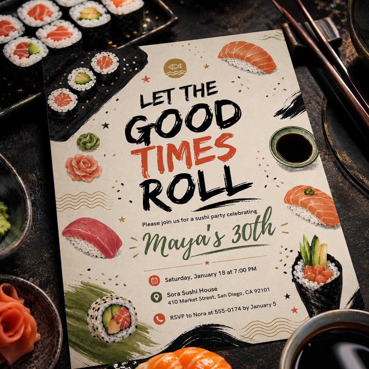 Girl Sushi Birthday Invitation, Pink Sushi Invitation, Sushi Invitation, Sushi Invite, Sushi Party Invitation, Sushi Let the Good Times Roll __etsy:8055895712