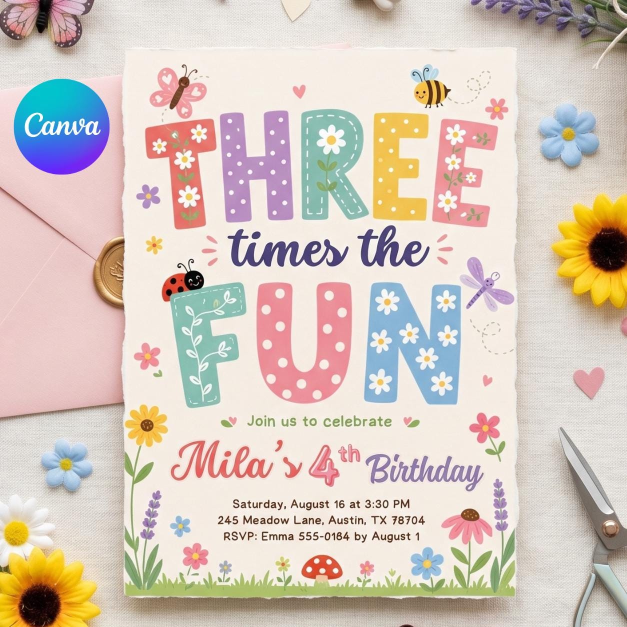 Girl 3rd Birthday Party Invitation, Three Times the Fun Birthday Party, Colorful Girl Third Birthday Invite, Editable Canva Template __etsy:8035928753