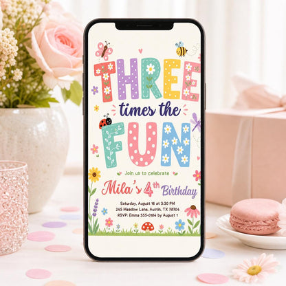 Girl 3rd Birthday Party Invitation, Three Times the Fun Birthday Party, Colorful Girl Third Birthday Invite, Editable Canva Template __etsy:7987987604