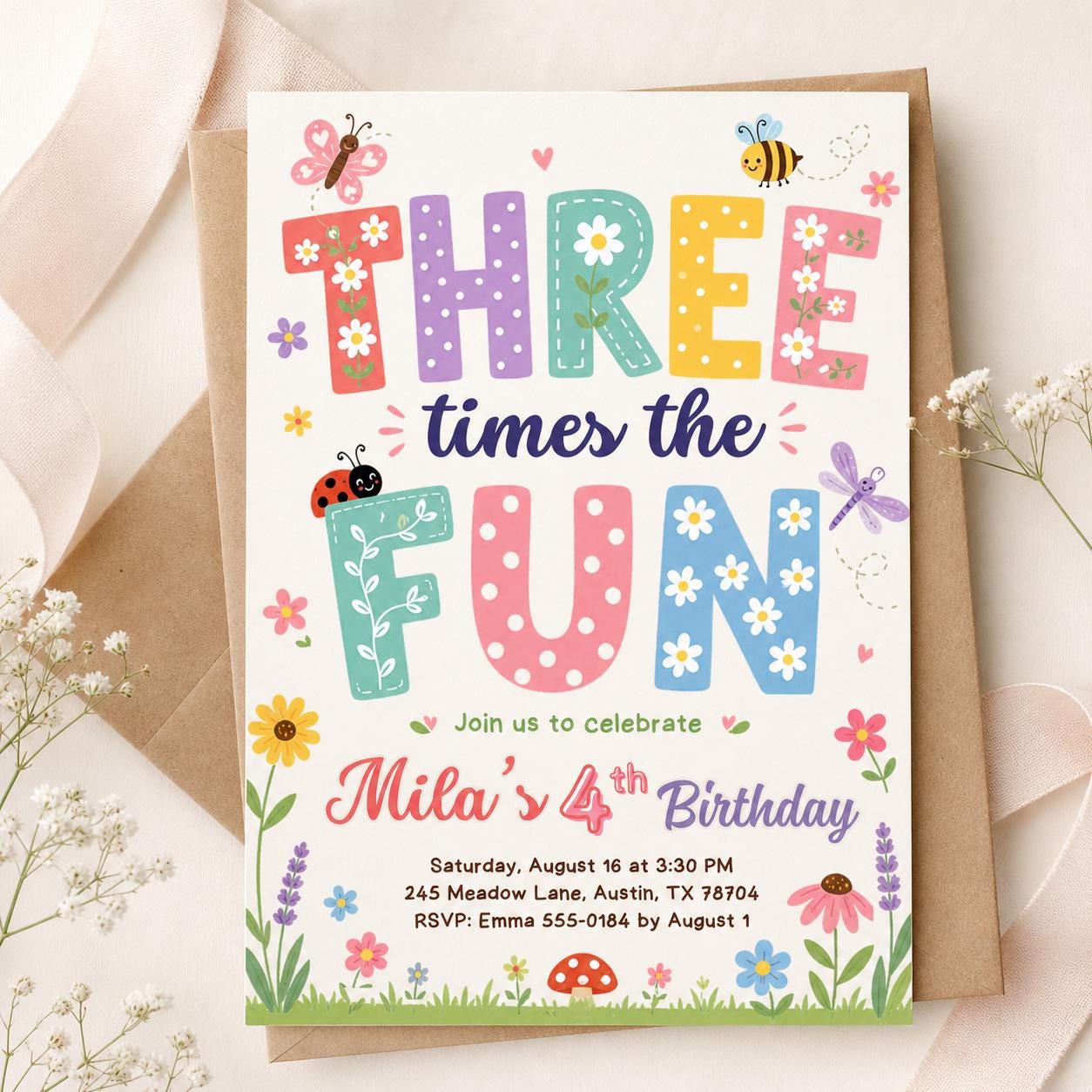 Girl 3rd Birthday Party Invitation, Three Times the Fun Birthday Party, Colorful Girl Third Birthday Invite, Editable Canva Template __etsy:7987987684