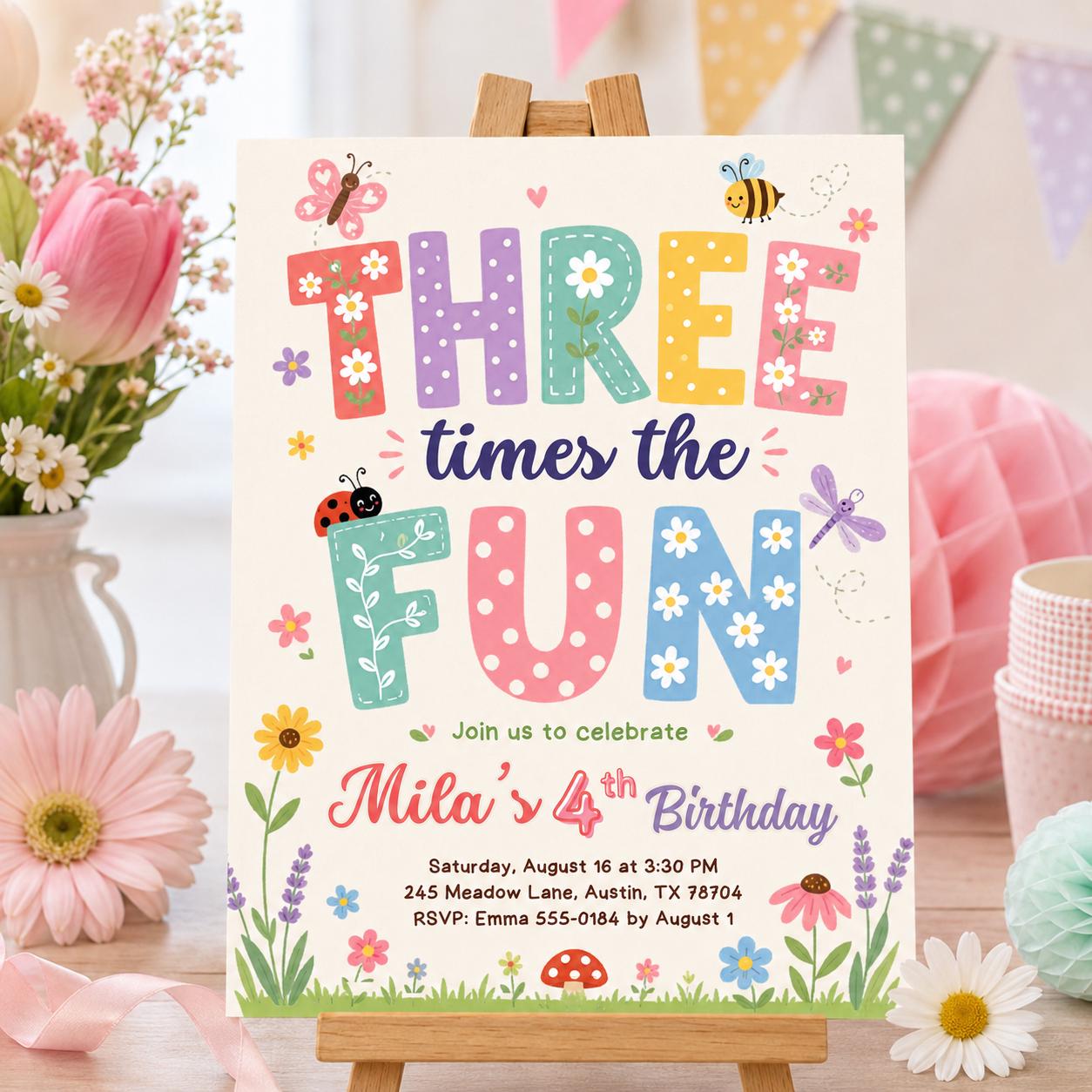 Girl 3rd Birthday Party Invitation, Three Times the Fun Birthday Party, Colorful Girl Third Birthday Invite, Editable Canva Template __etsy:7987987830