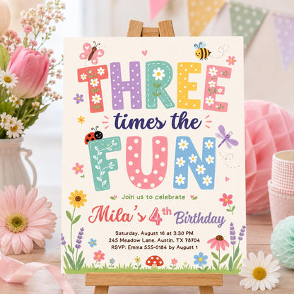 Girl 3rd Birthday Party Invitation, Three Times the Fun Birthday Party, Colorful Girl Third Birthday Invite, Editable Canva Template __etsy:7987987830