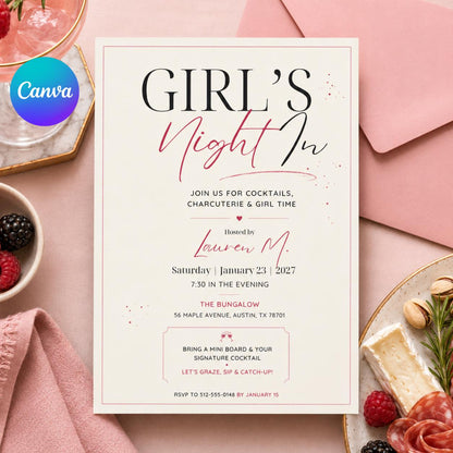 Girl's Night In Invitation, Birthday Party Invitation, Editable Canva Template, Pink Birthday Invite,  Bachelorette Party Invite, __etsy:8032709946