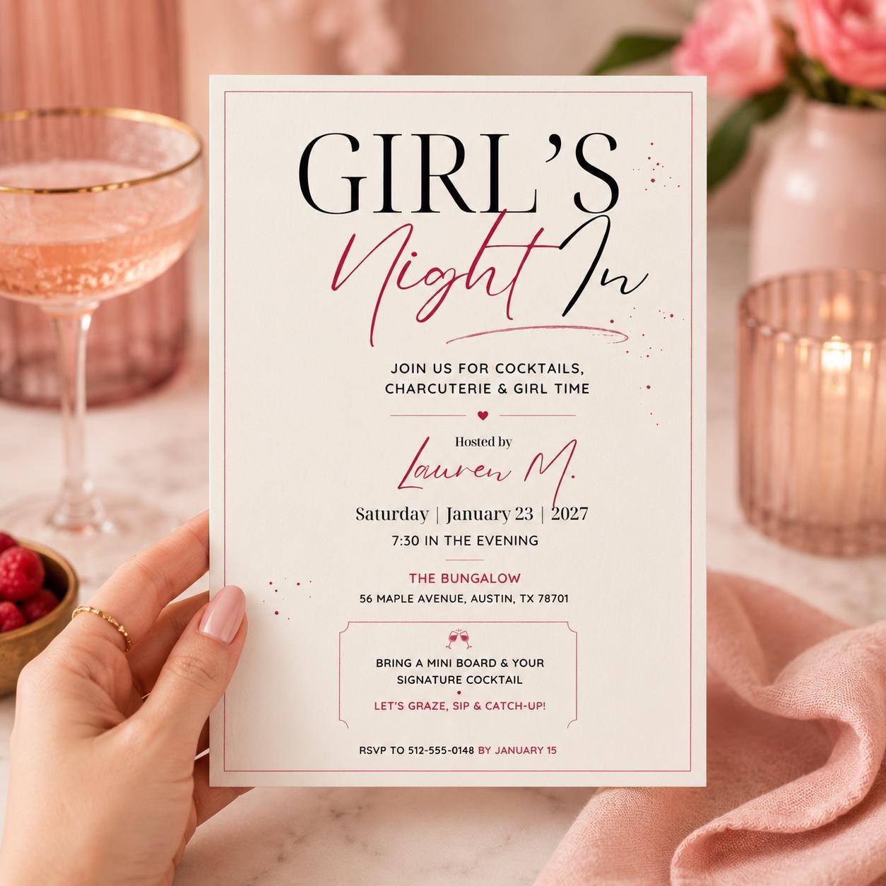 Girl's Night In Invitation, Birthday Party Invitation, Editable Canva Template, Pink Birthday Invite,  Bachelorette Party Invite, __etsy:8032708958