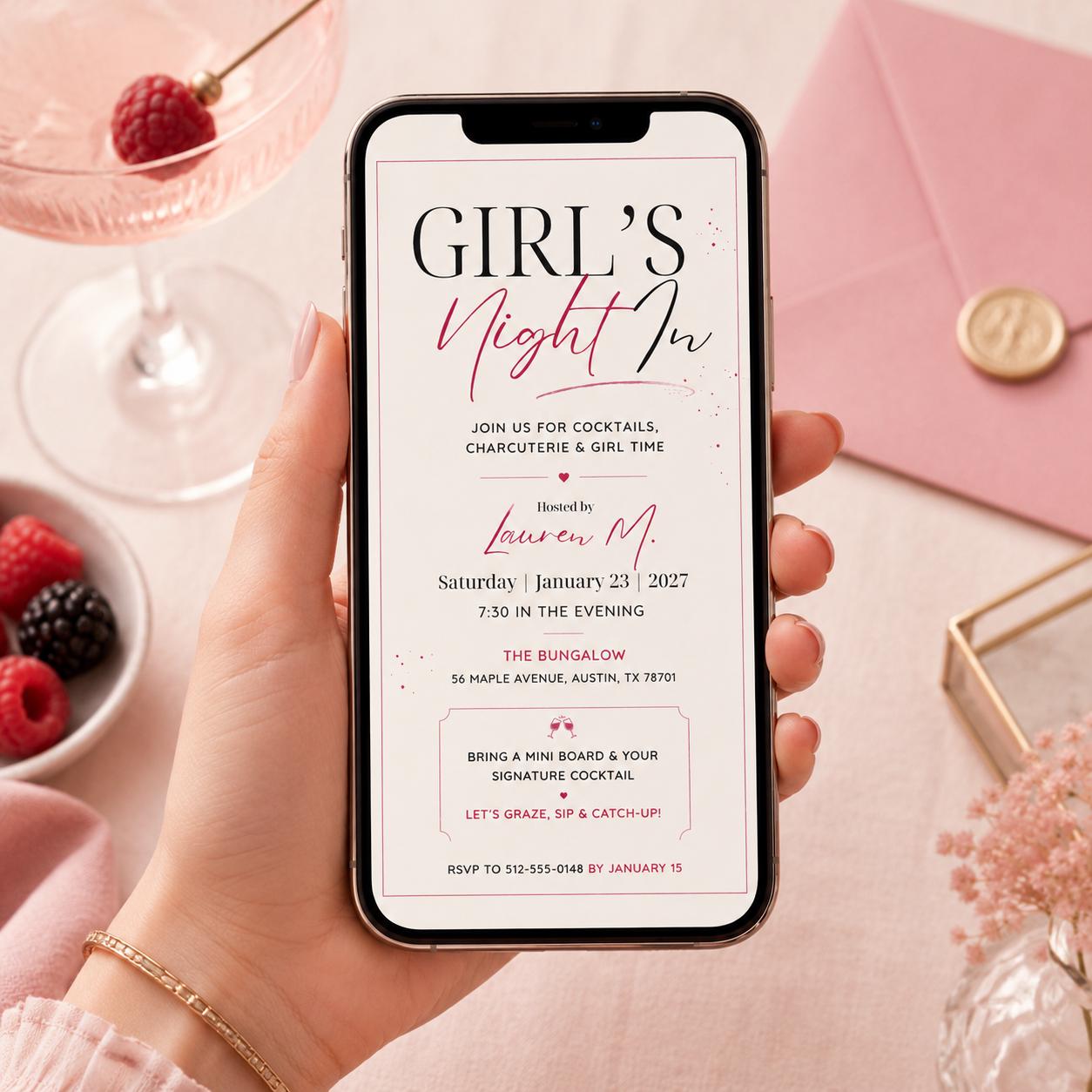 Girl's Night In Invitation, Birthday Party Invitation, Editable Canva Template, Pink Birthday Invite,  Bachelorette Party Invite, __etsy:8080621561