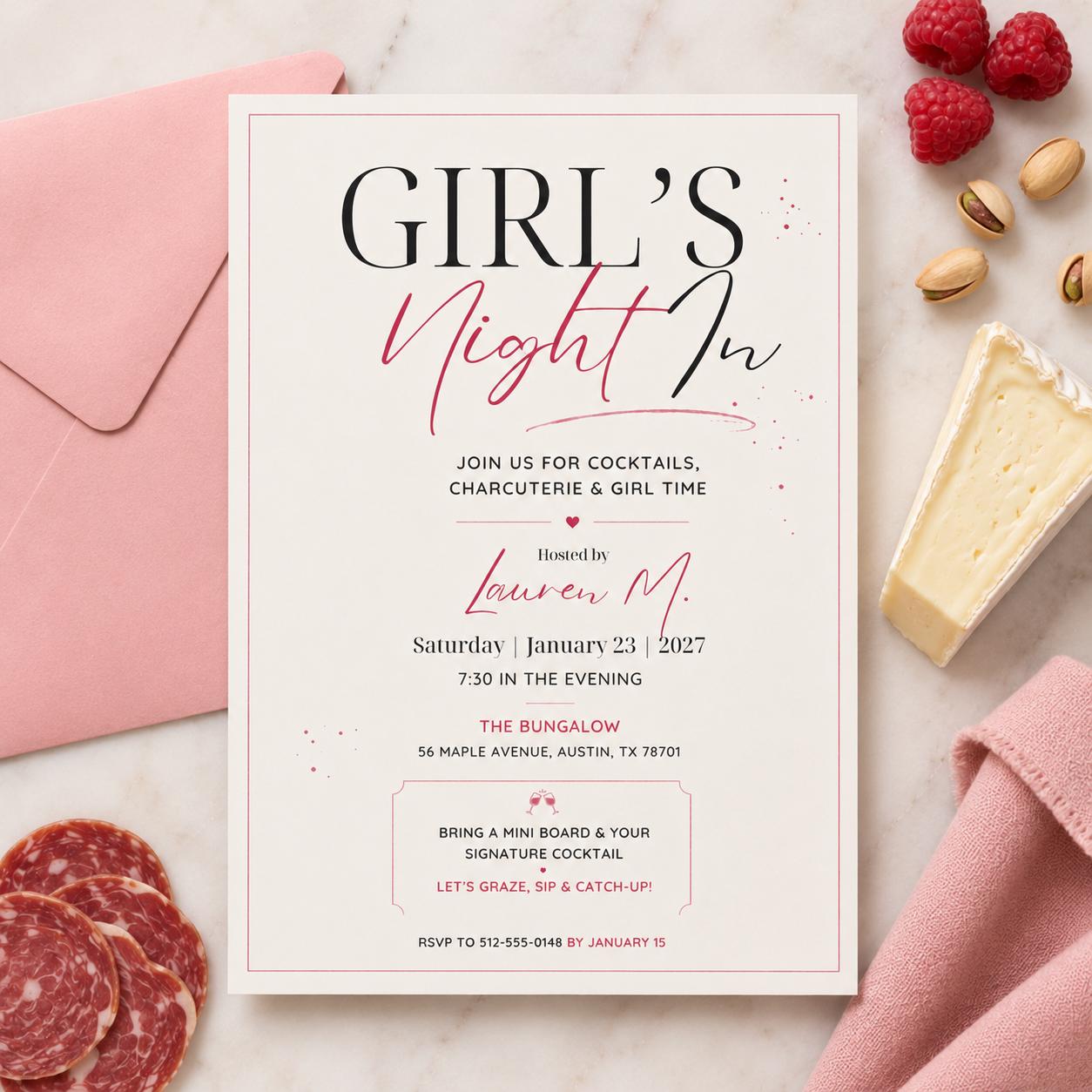 Girl's Night In Invitation, Birthday Party Invitation, Editable Canva Template, Pink Birthday Invite,  Bachelorette Party Invite, __etsy:8032709222