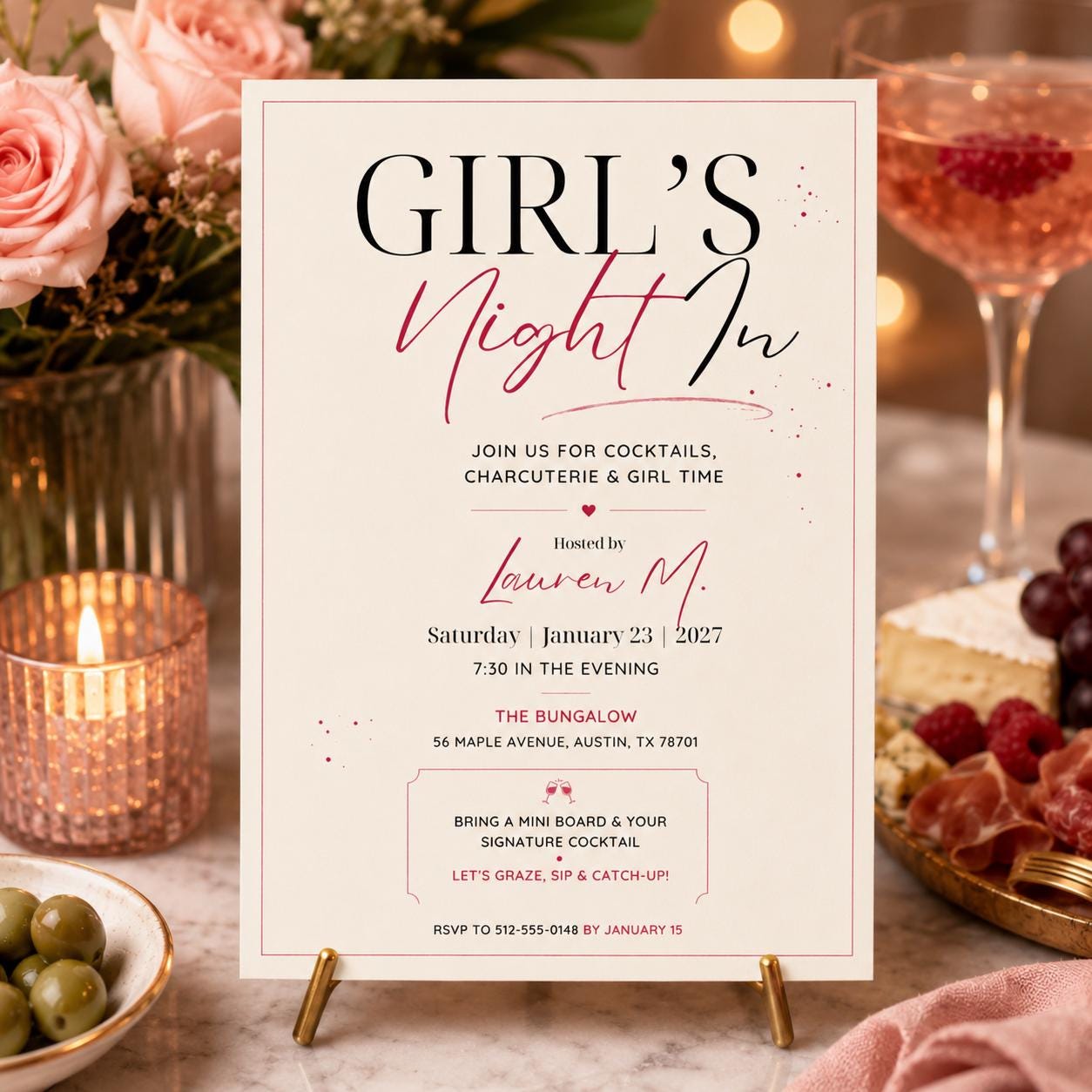Girl's Night In Invitation, Birthday Party Invitation, Editable Canva Template, Pink Birthday Invite,  Bachelorette Party Invite, __etsy:8032709220