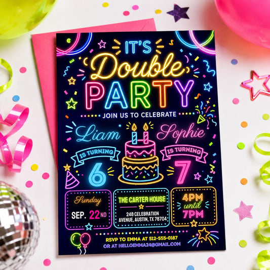 Girls double celebration invite, Friends invite double celebration, Double Birthday Party Invitation, Siblings birthday party invite, Canva __etsy:8039822563