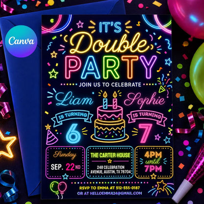 Girls double celebration invite, Friends invite double celebration, Double Birthday Party Invitation, Siblings birthday party invite, Canva __etsy:8039822287