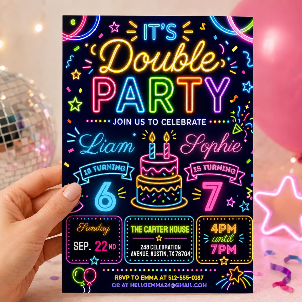 Girls double celebration invite, Friends invite double celebration, Double Birthday Party Invitation, Siblings birthday party invite, Canva __etsy:8039822559
