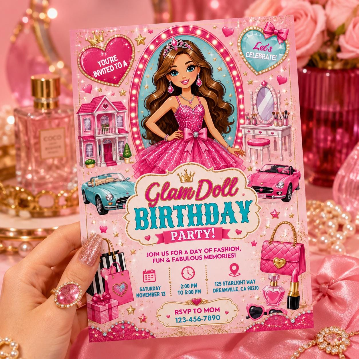 Glam Doll Birthday Invitation, Editable Pink Doll Theme Party Invite, Girl Birthday Fashion Template, Printable Digital Download Card __etsy:8177884153