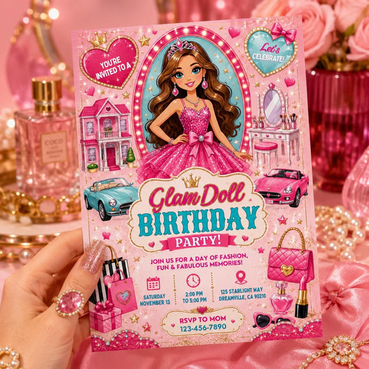 Glam Doll Birthday Invitation, Editable Pink Doll Theme Party Invite, Girl Birthday Fashion Template, Printable Digital Download Card __etsy:8177884153