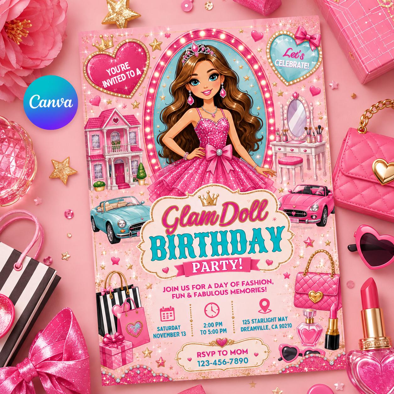 Glam Doll Birthday Invitation, Editable Pink Doll Theme Party Invite, Girl Birthday Fashion Template, Printable Digital Download Card __etsy:8129985842