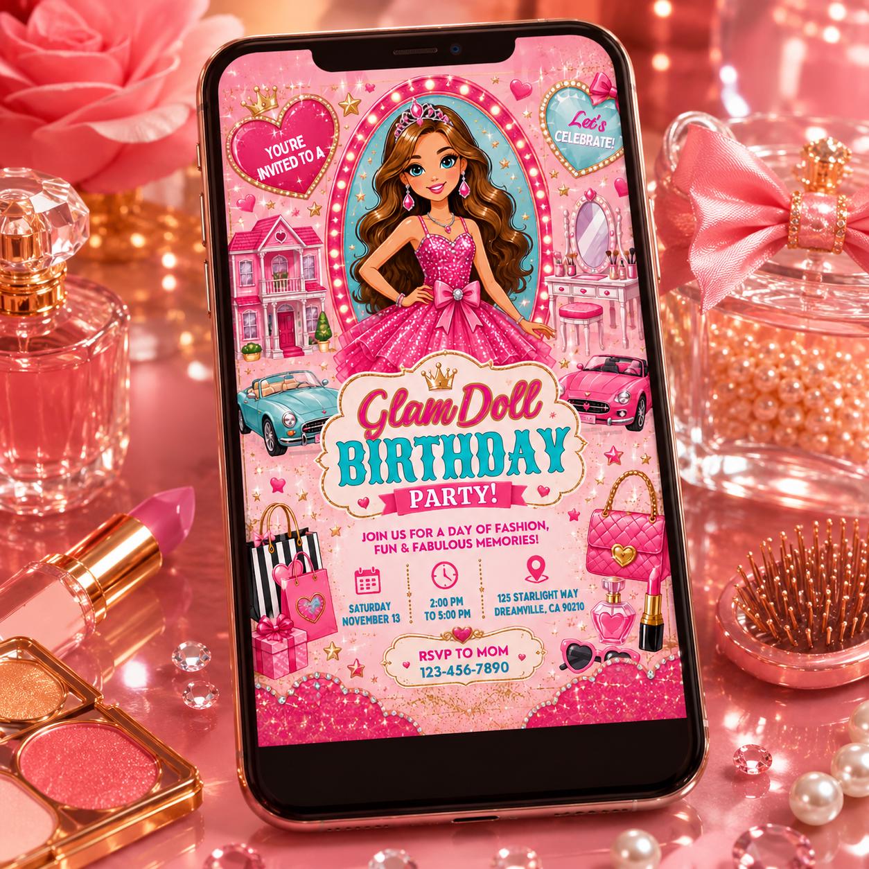 Glam Doll Birthday Invitation, Editable Pink Doll Theme Party Invite, Girl Birthday Fashion Template, Printable Digital Download Card __etsy:8129985932