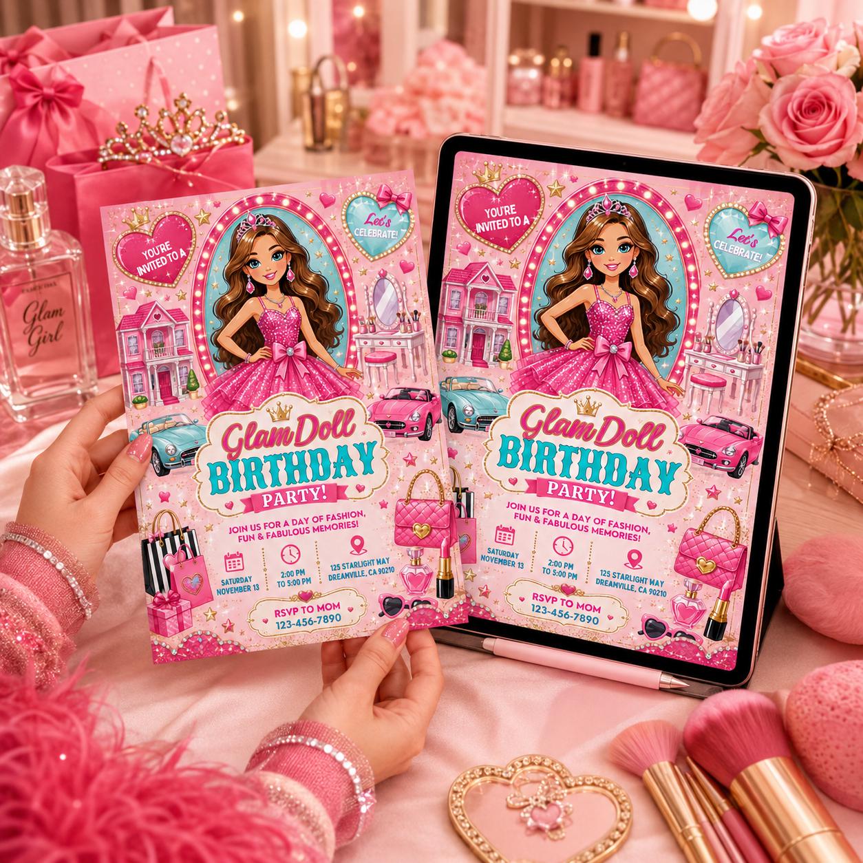 Glam Doll Birthday Invitation, Editable Pink Doll Theme Party Invite, Girl Birthday Fashion Template, Printable Digital Download Card __etsy:8129985934