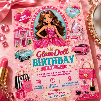 Glam Doll Birthday Invitation, Editable Pink Doll Theme Party Invite, Girl Birthday Fashion Template, Printable Digital Download Card __etsy:8129985942