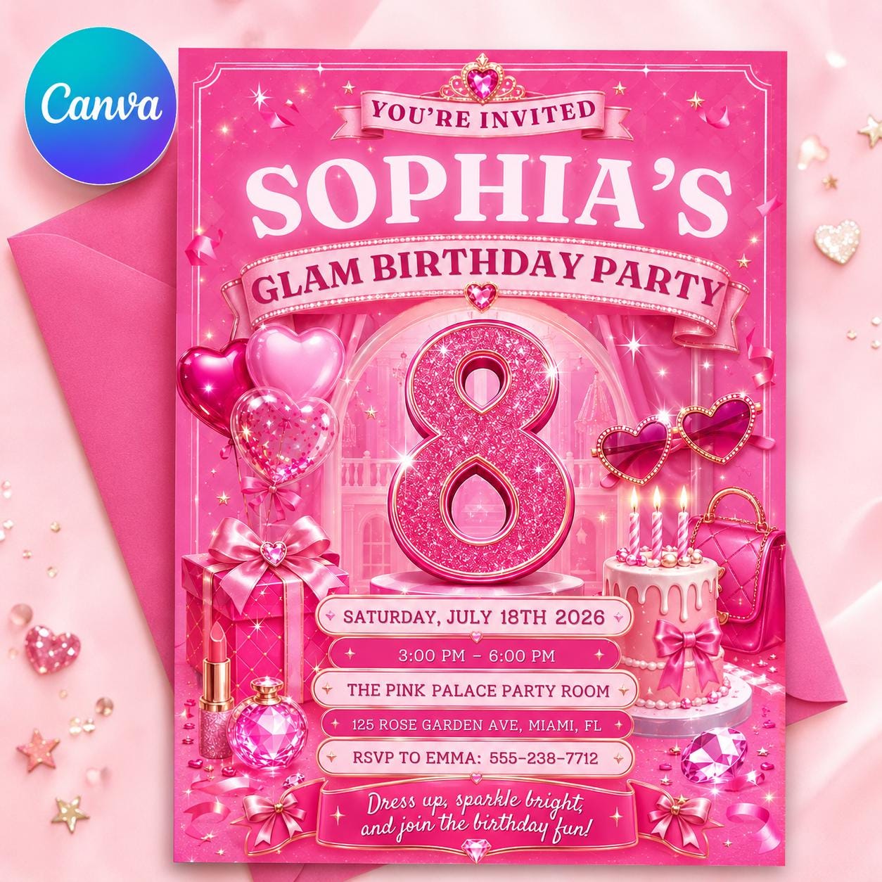 Glam Party Invitation Girls Glitter Rainbow, Glam Party Birthday Invitation Rainbow Sequin Glitter Pink Makeup Party, Glitz and Glam Makeup __etsy:8103750349