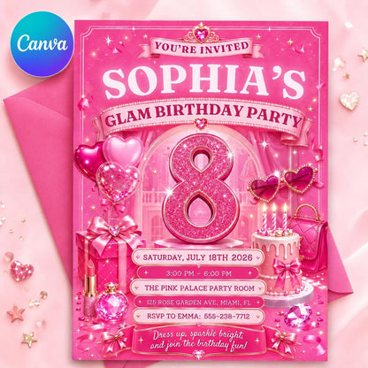 Glam Party Invitation Girls Glitter Rainbow, Glam Party Birthday Invitation Rainbow Sequin Glitter Pink Makeup Party, Glitz and Glam Makeup __etsy:8103750349