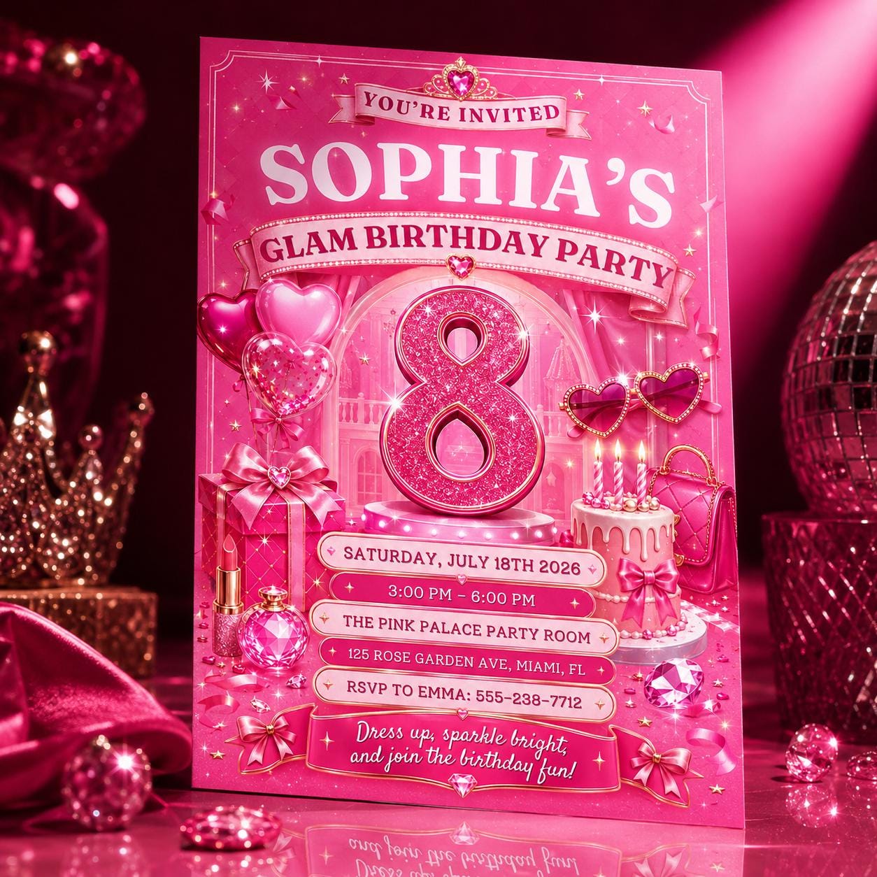 Glam Party Invitation Girls Glitter Rainbow, Glam Party Birthday Invitation Rainbow Sequin Glitter Pink Makeup Party, Glitz and Glam Makeup __etsy:8055838656
