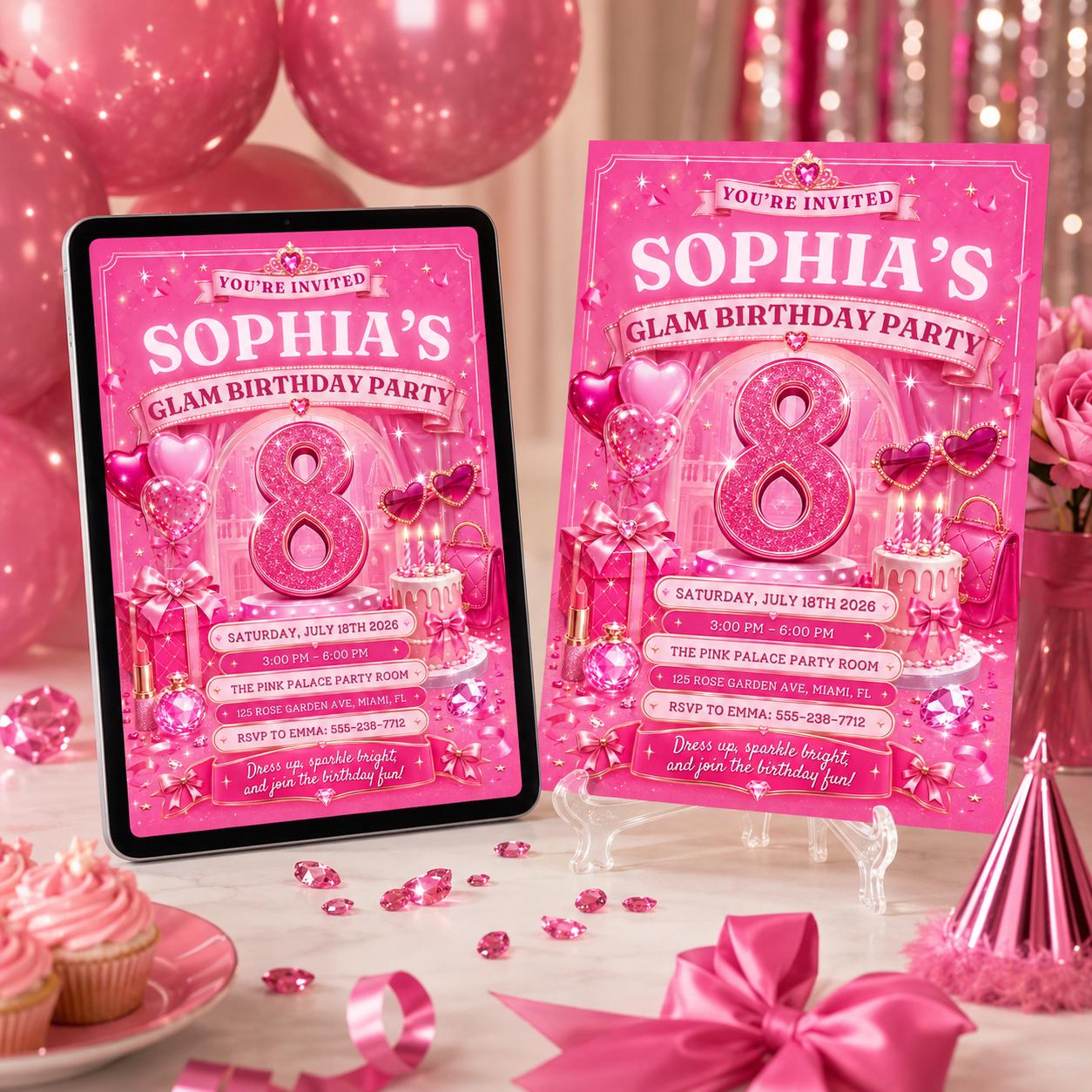 Glam Party Invitation Girls Glitter Rainbow, Glam Party Birthday Invitation Rainbow Sequin Glitter Pink Makeup Party, Glitz and Glam Makeup __etsy:8103750345